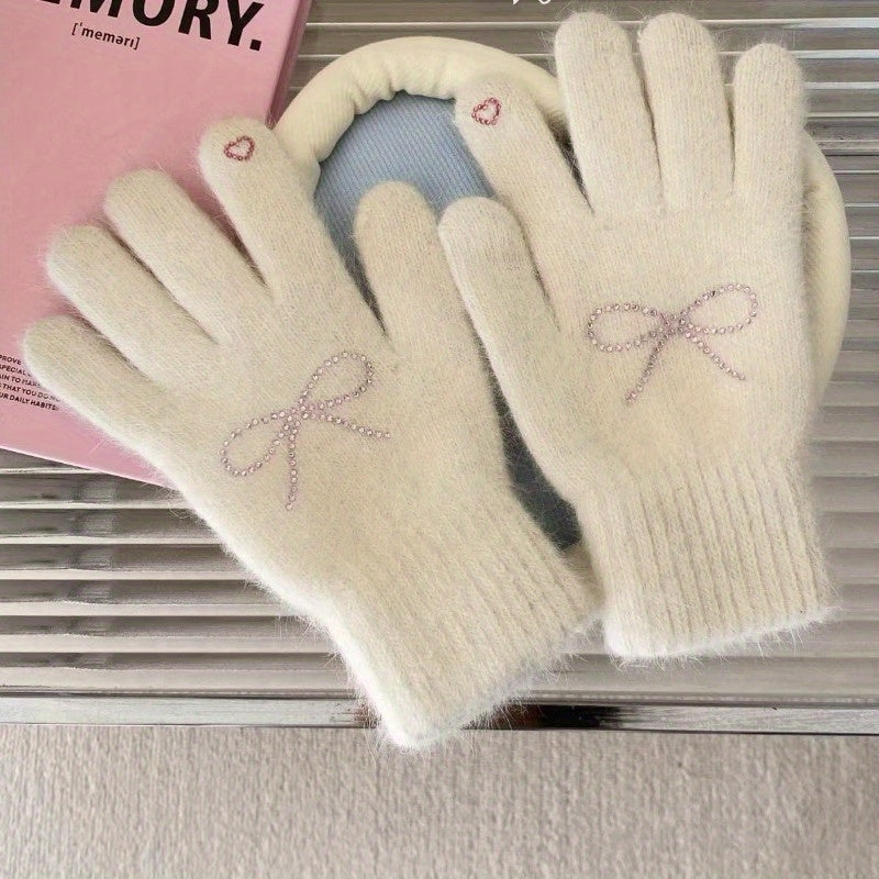 Winter Rhinestone Bow Plush Gloves for Women - Decorative Warm Polyester Mittens with Elasticity, Windproof for Night Out, No-Wash Instruction